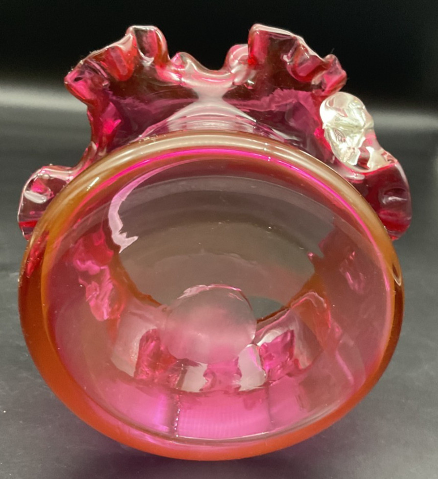 Handblown Ruffled Cranberry Basket with Textured Handle