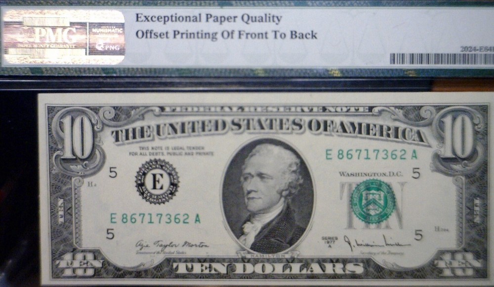 1977A ERROR PMG MS64 Off Set Front /Back $10 CH CU Federal Reserve Note Currency