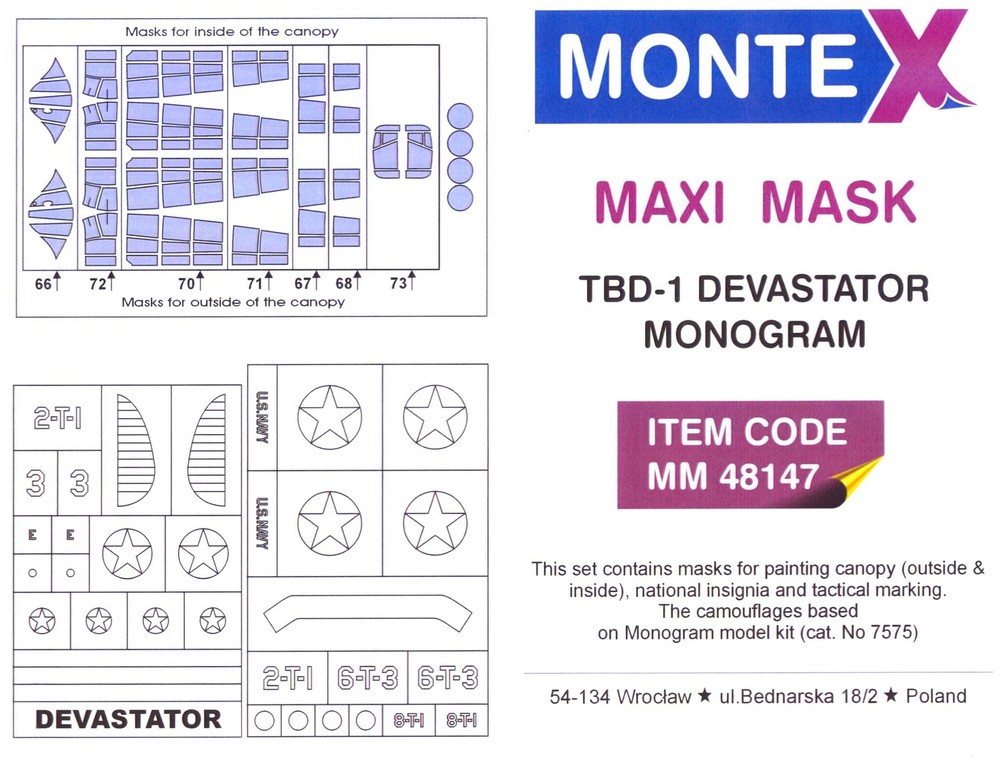 Montex MAXI Mask 1/48 DOUGLAS TBD-1 DEVASTATOR CANOPY PAINT MASK Monogram