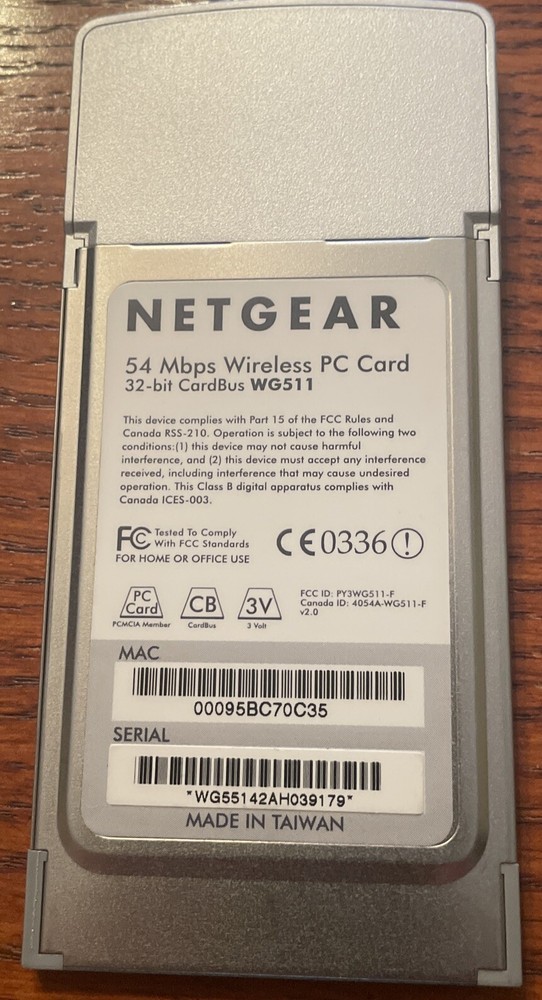 Netgear WG511 54 Mbps 32-bit Wireless PC Card & Version 1.1 CD