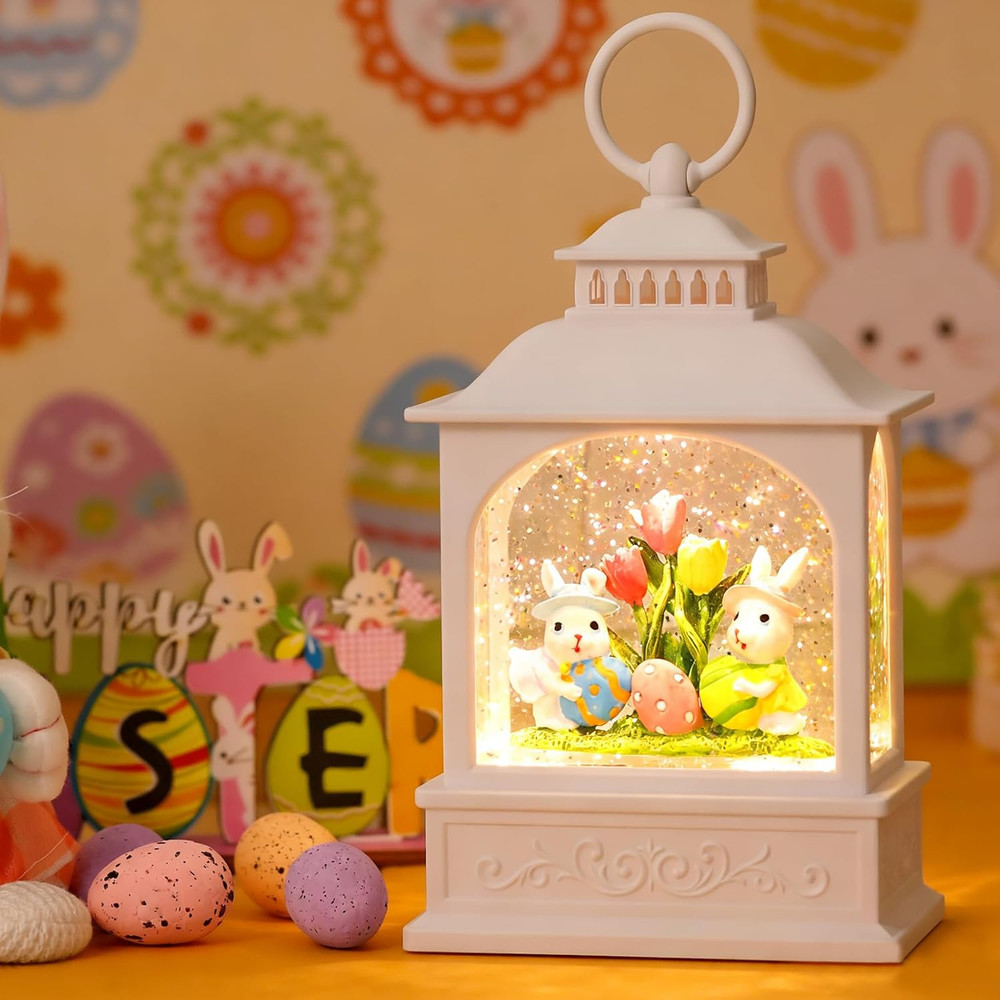 Easter Bunny Snow Globe, Easter Eggs Spring Snow Globe 6H Timer Glitter Lantern