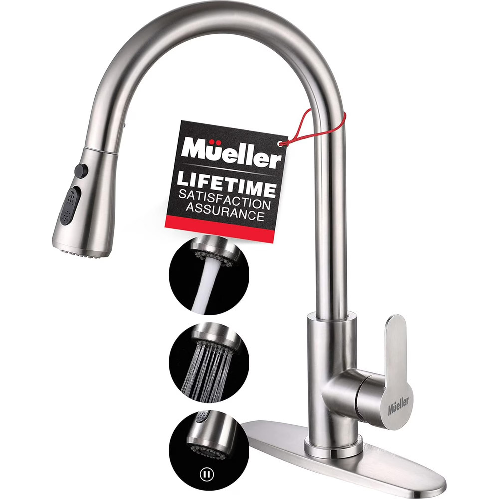 Mueller Pull-Down Kitchen Faucet Brushed Stainless Steel Single Handle 360° 10pc