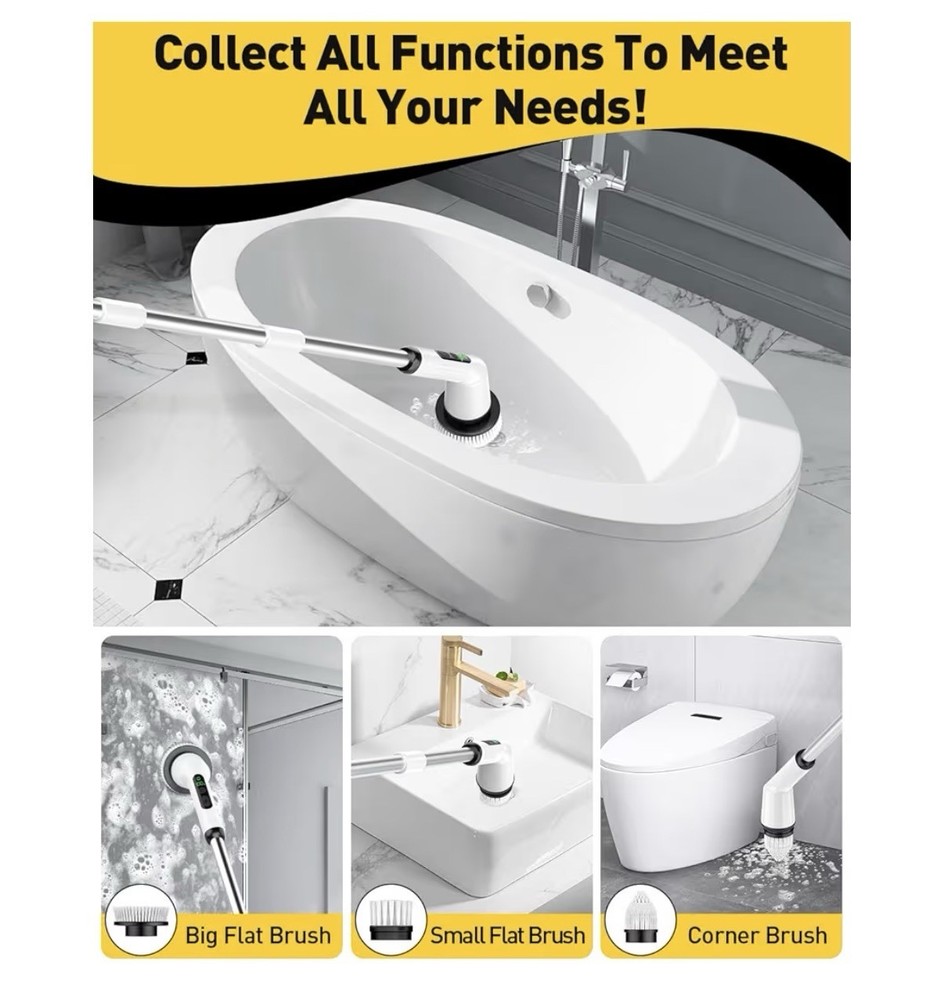 IPX7 Waterproof Adjustable Power Brush, Rechargeable, Bathroom/Kitchen