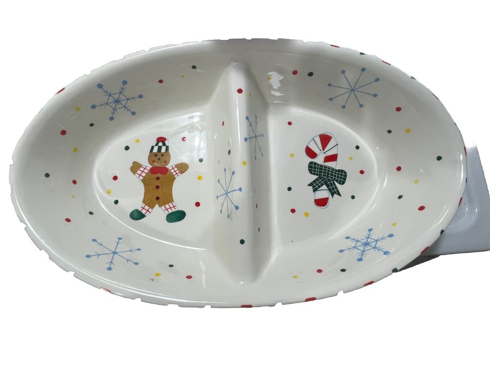 Temptations Holiday Divided Casserole Dish w/ lid Gingerbread Man Candy Canes