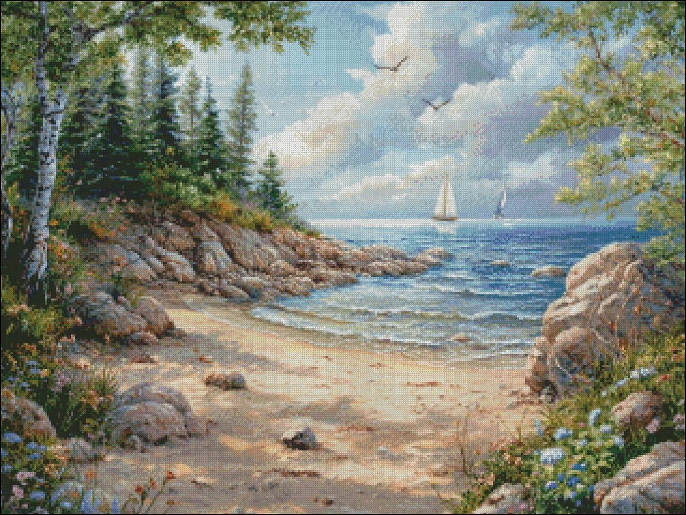 Rocky Shoreline along Hidden Beach - Counted Cross Stitch Patterns Needlework