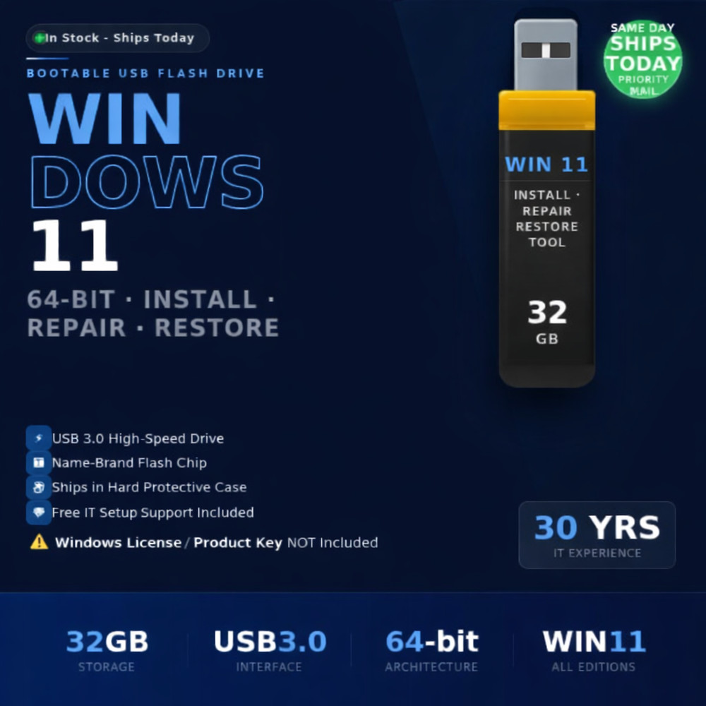 Windows 11 64Bit Bootable USB Drive Install Repair Restore Recovery Tool 32GB