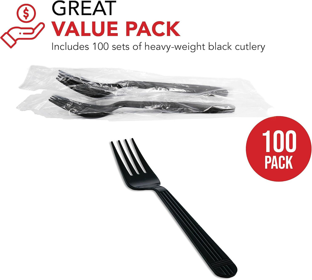 Individually Wrapped Black Plastic Utensil Sets/Heavy Duty Flatware Packs, Fork,