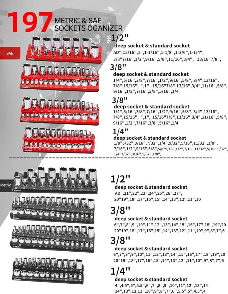 8PCS Magnetic Socket Organizer Set, Magnetic Socket Holder, 1/4", 3/8", 1/2" ...