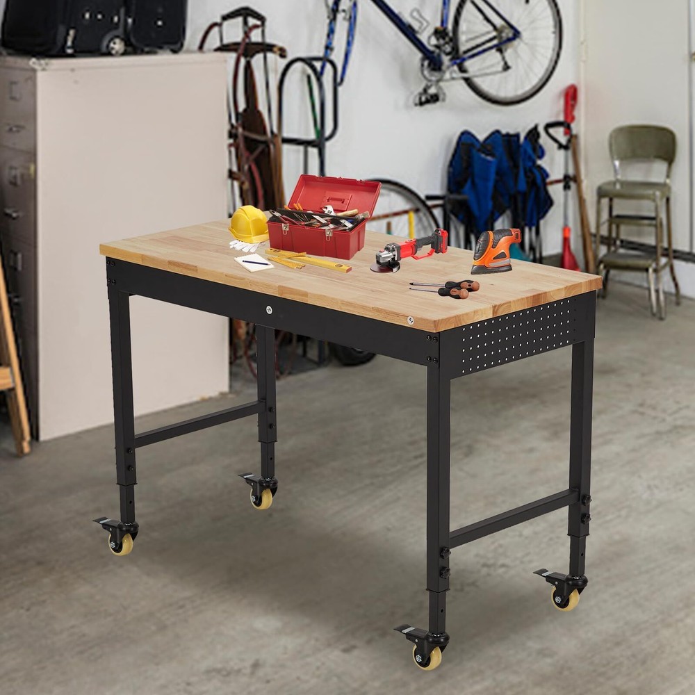 48" Adjustable Workbench ,Rubber Wood Work Table Garage w/Power Outlet & Wheels