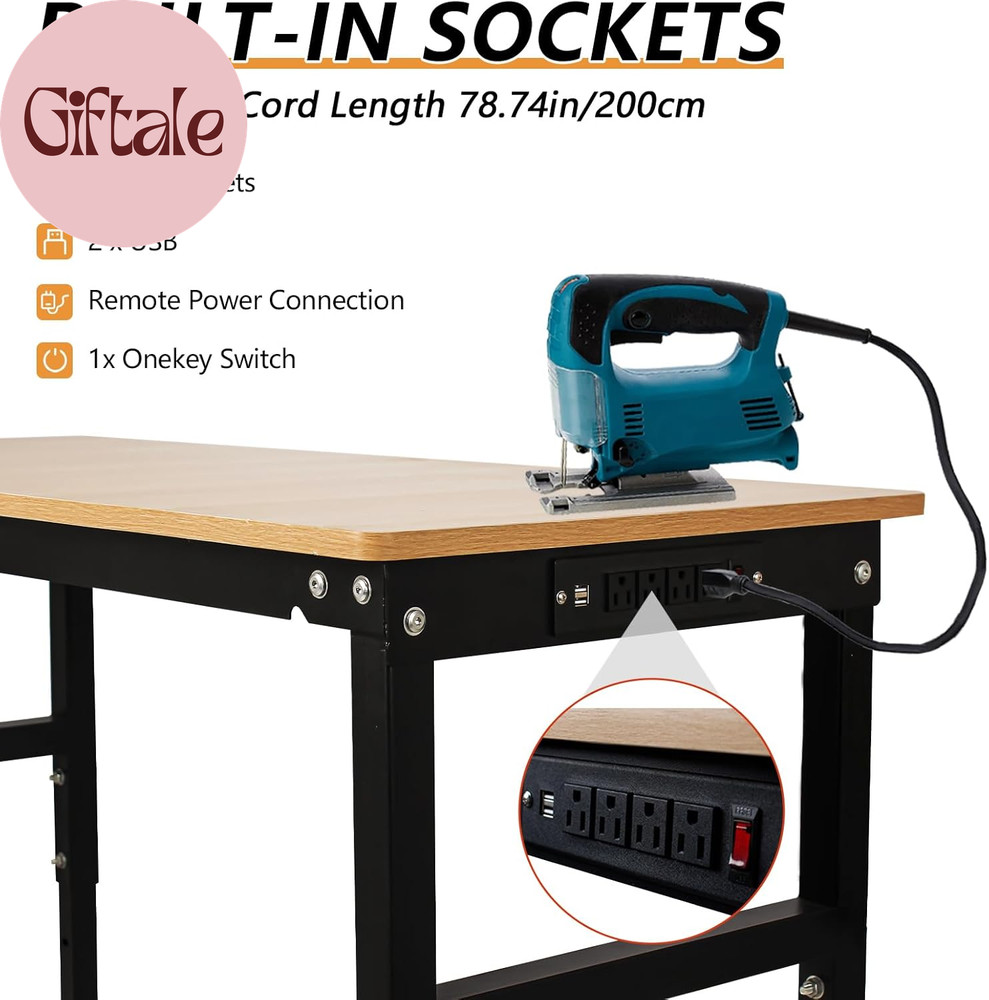 48'' Adjustable Workbench with Power Outlet, Work Table for Garage,2000 Lbs Capa