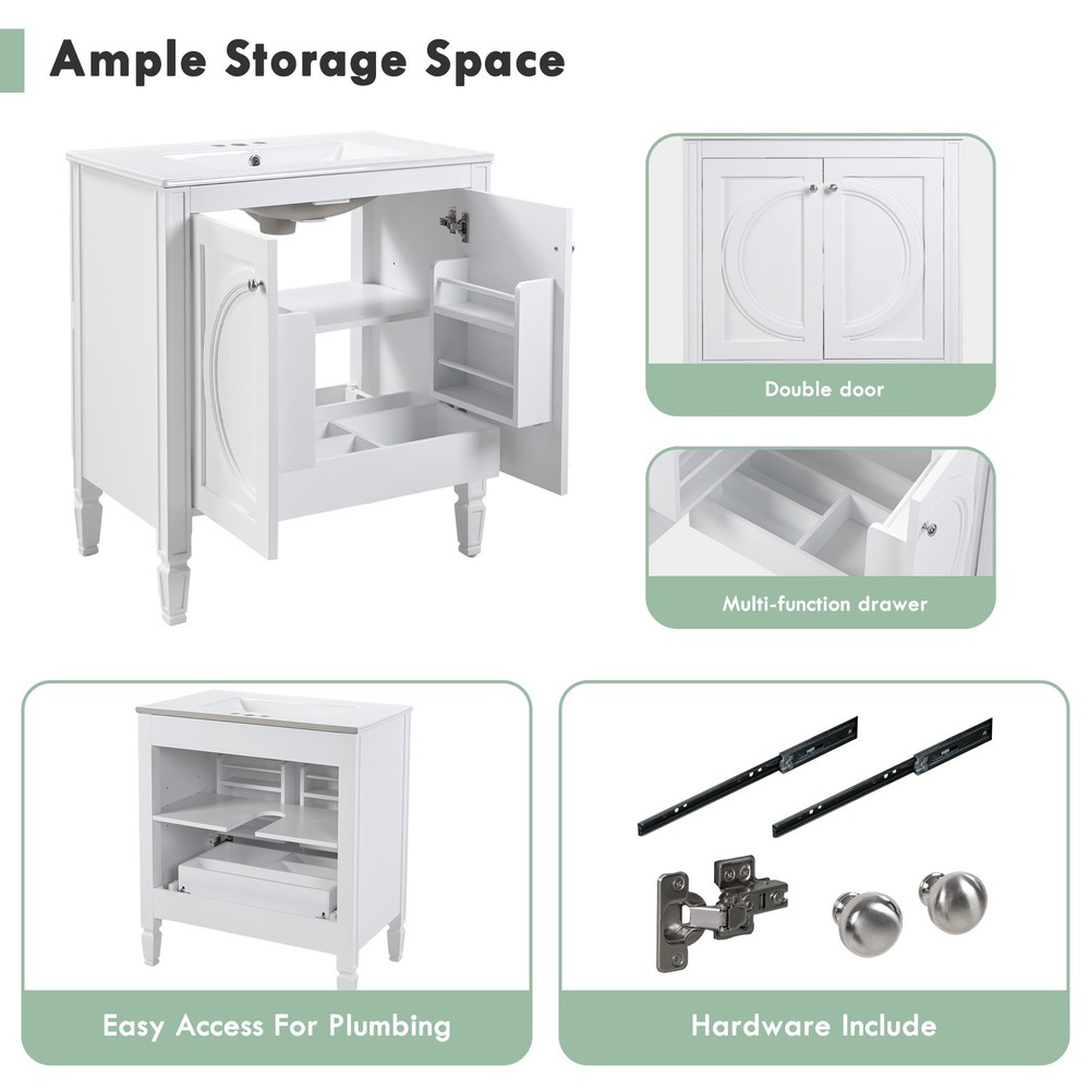30" White Bathroom Vanity w/Ceramic Sink,2 Soft-Close Doors & Adjustable Shelf