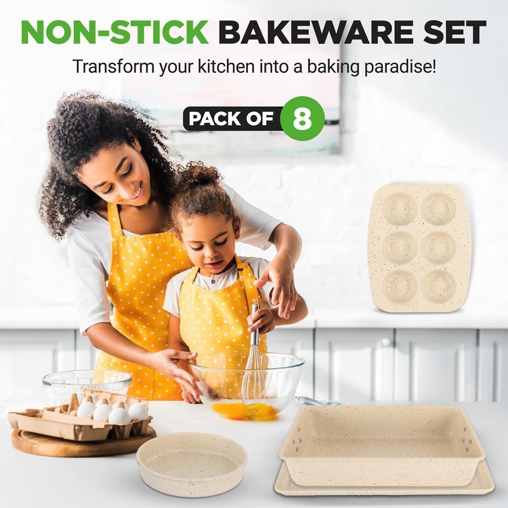NutriChef 8pcs. Stackable Carbon Steel Bakeware Pan Set-Non-Stick (Marble Cream)