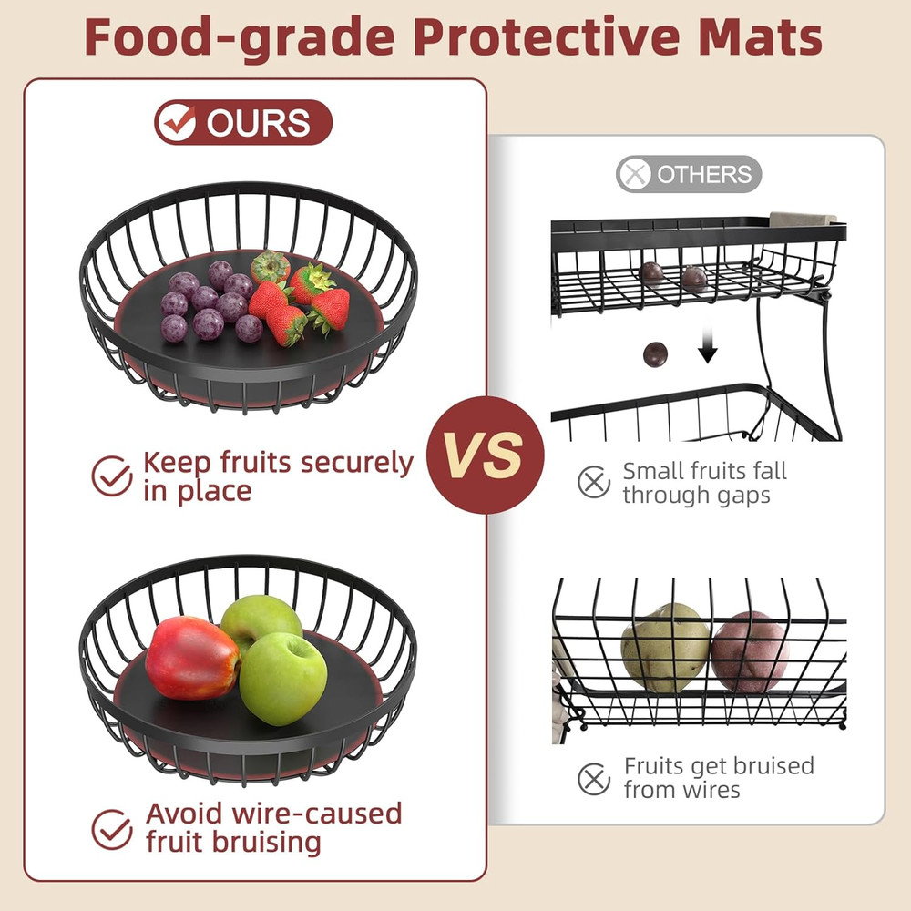 2 Tier Large Fruit Basket for Kitchen Counter with 2 Banana Hangers, Metal Stack