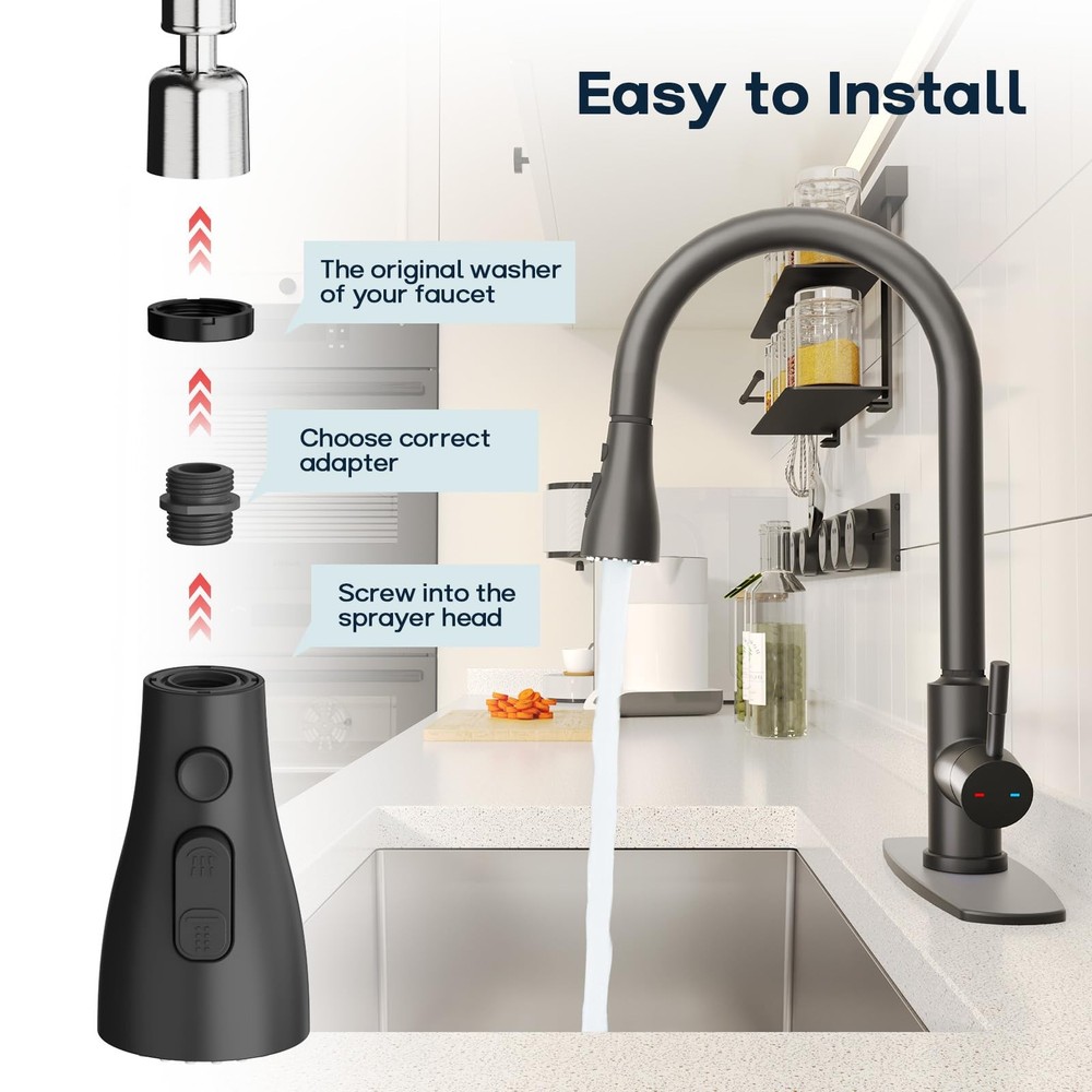 DEERFEI Pull down Kitchen Faucet Head Replacement 3 Modes Sprayer Matte Black