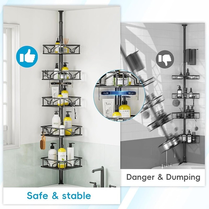 Height Adjustable Corner Tension Pole Shower Caddy 5 Baskets Rust Proof 2 Hooks