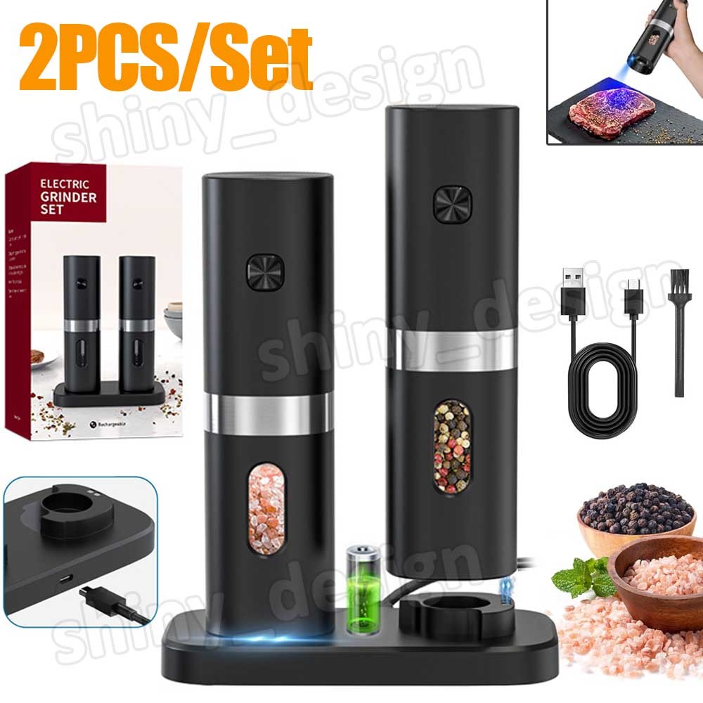 2pcs Electric Salt and Pepper Grinder Set with Rechargeable Base Adjustable