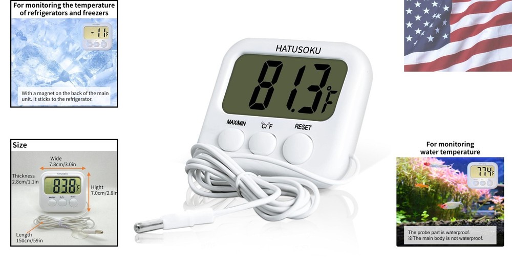 Digital Thermometer with External Sensor for Aquariums & Refrigerators - White