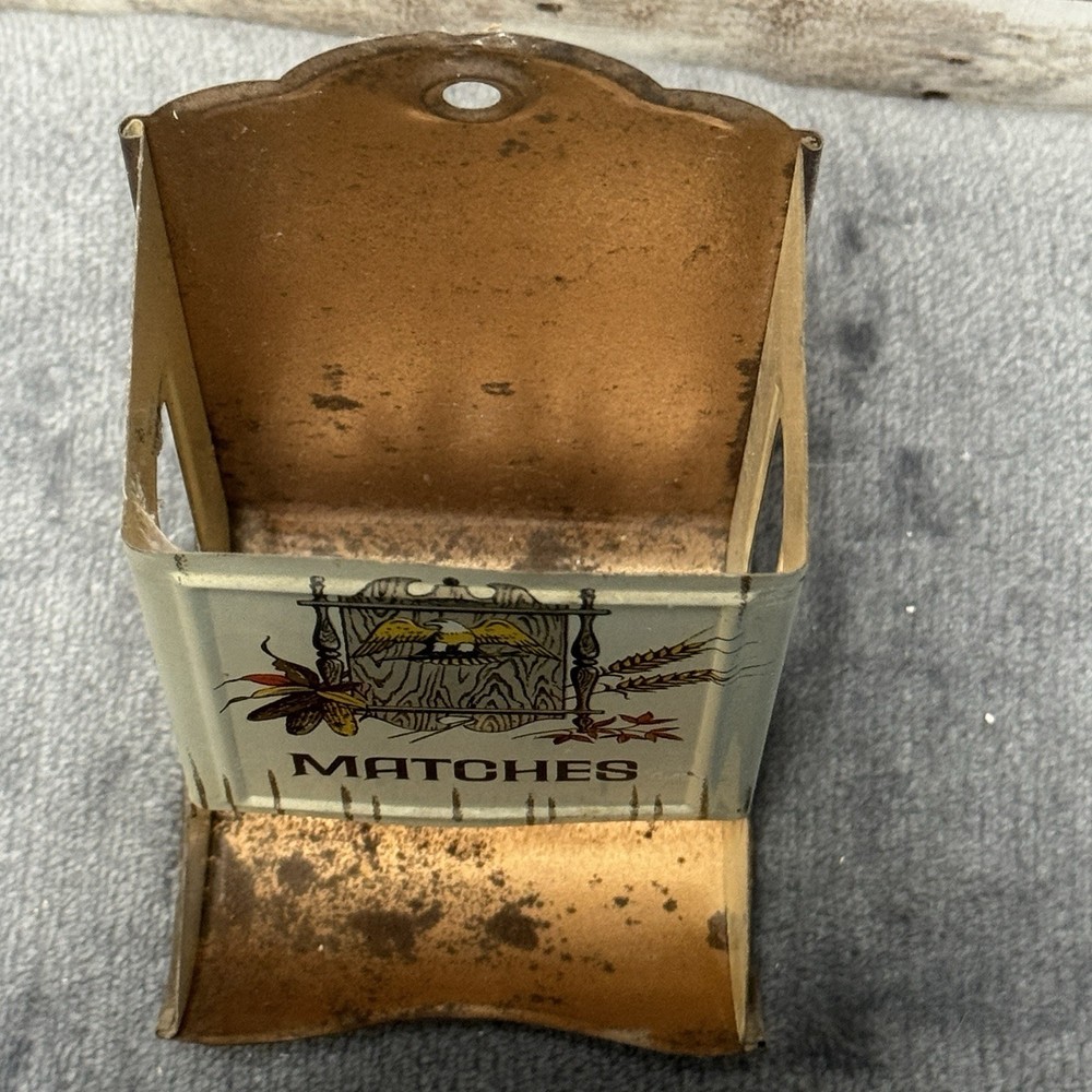 Vintage Metal Matchbox Holder Eagle 1776 Wheat Corn Off White Front - Tin Back