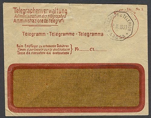 SWITZERLAND TELEGRAM ENVELOPE 1933 (ID:405/D20481)