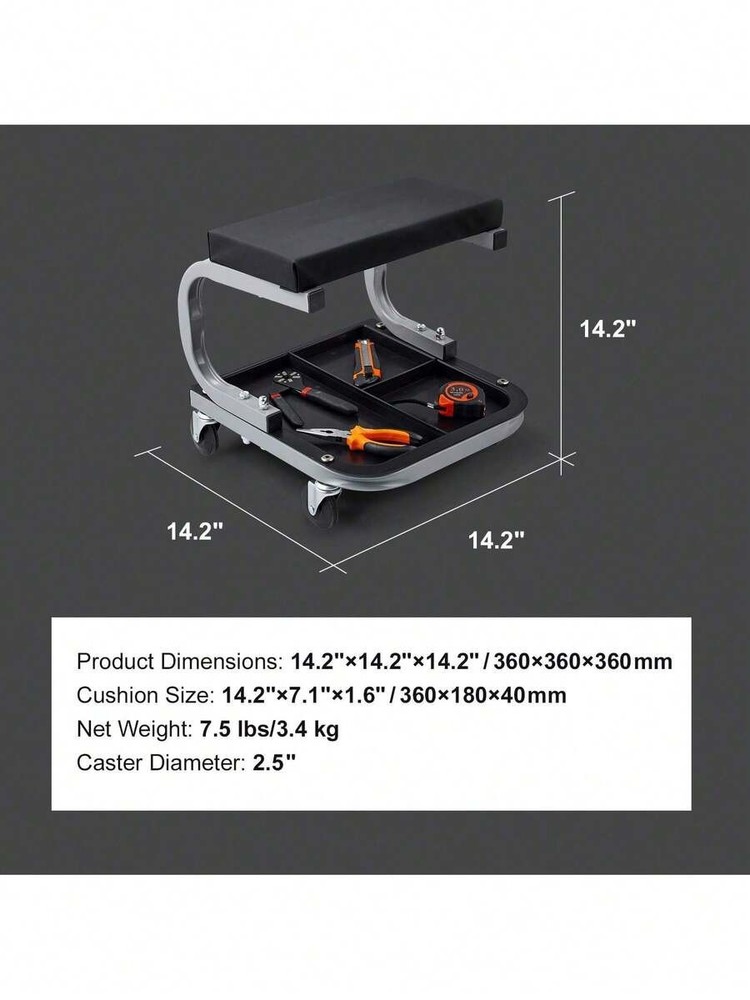 Black garage work stool with wheels, 250 lbs capacity, padded.