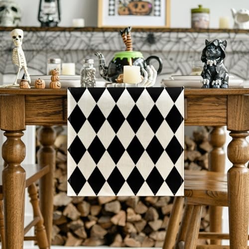 Artoid Mode Beige Diamond Plaid Table Runner, 13" x 72", Table Runner Black