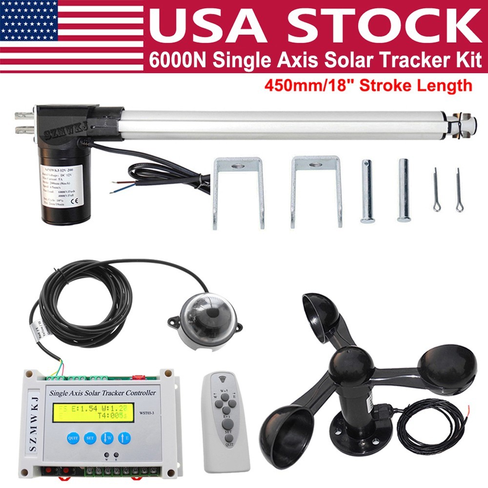 6000N Single Axis Solar Tracker Controller W/ 18" Linear Actuator Anemometer Kit