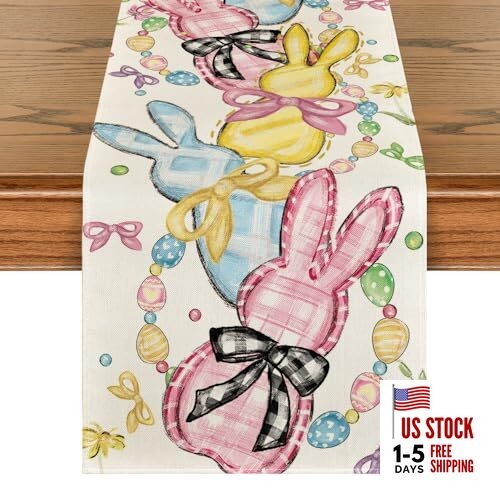 Floral Bow Bunny Rabbits Eggs Easter Table 13" x 72", Table Runner Beige