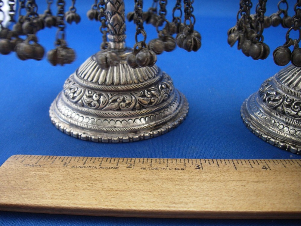 Old PAIR INDIAN Silver PALM / UMBRELLA Shaped CANDLESTICKS-Pierced-Bell Dangles