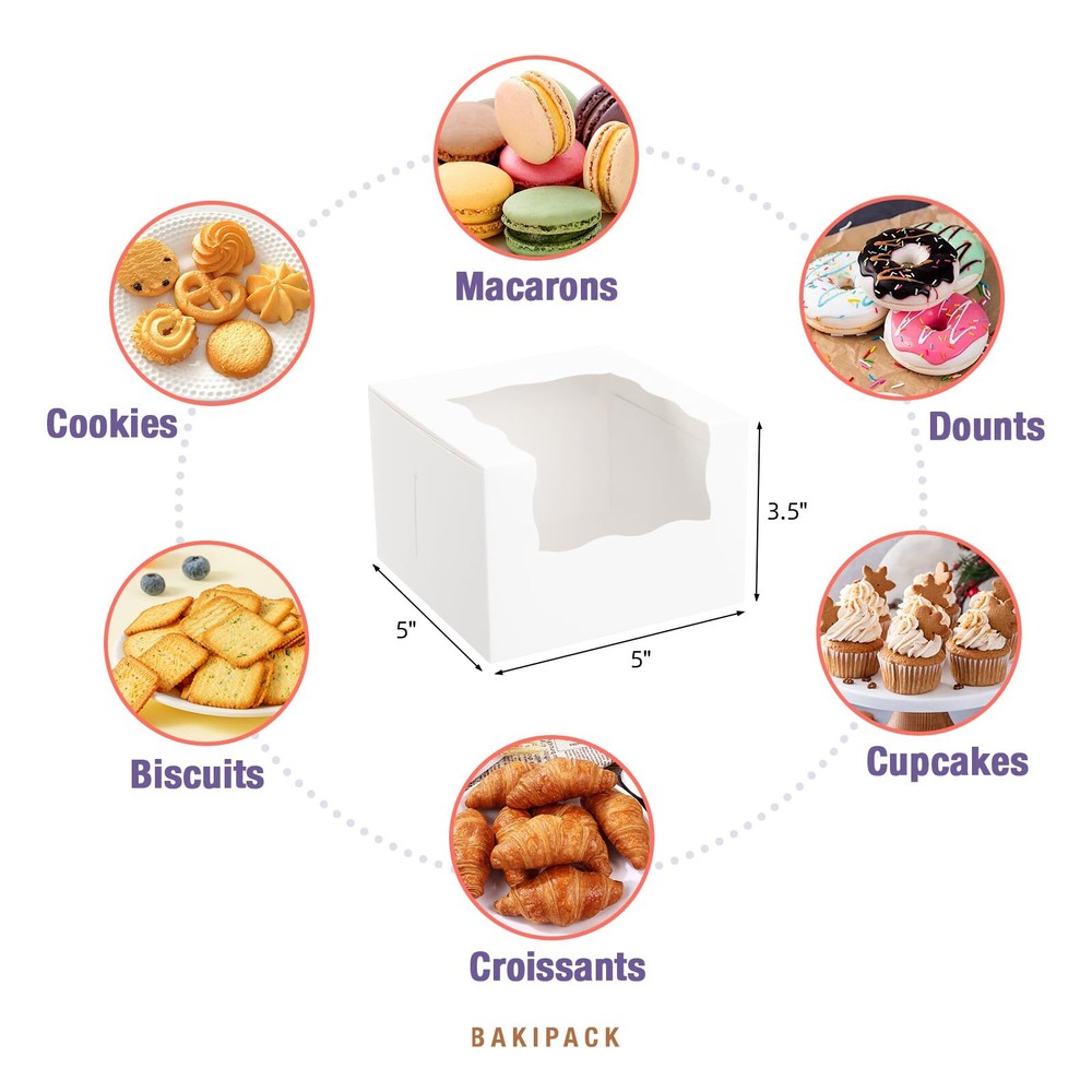 25 Roll Cake Boxes White Bakery Boxes with Window 5x5x3.5 inches Cookies Boxe...