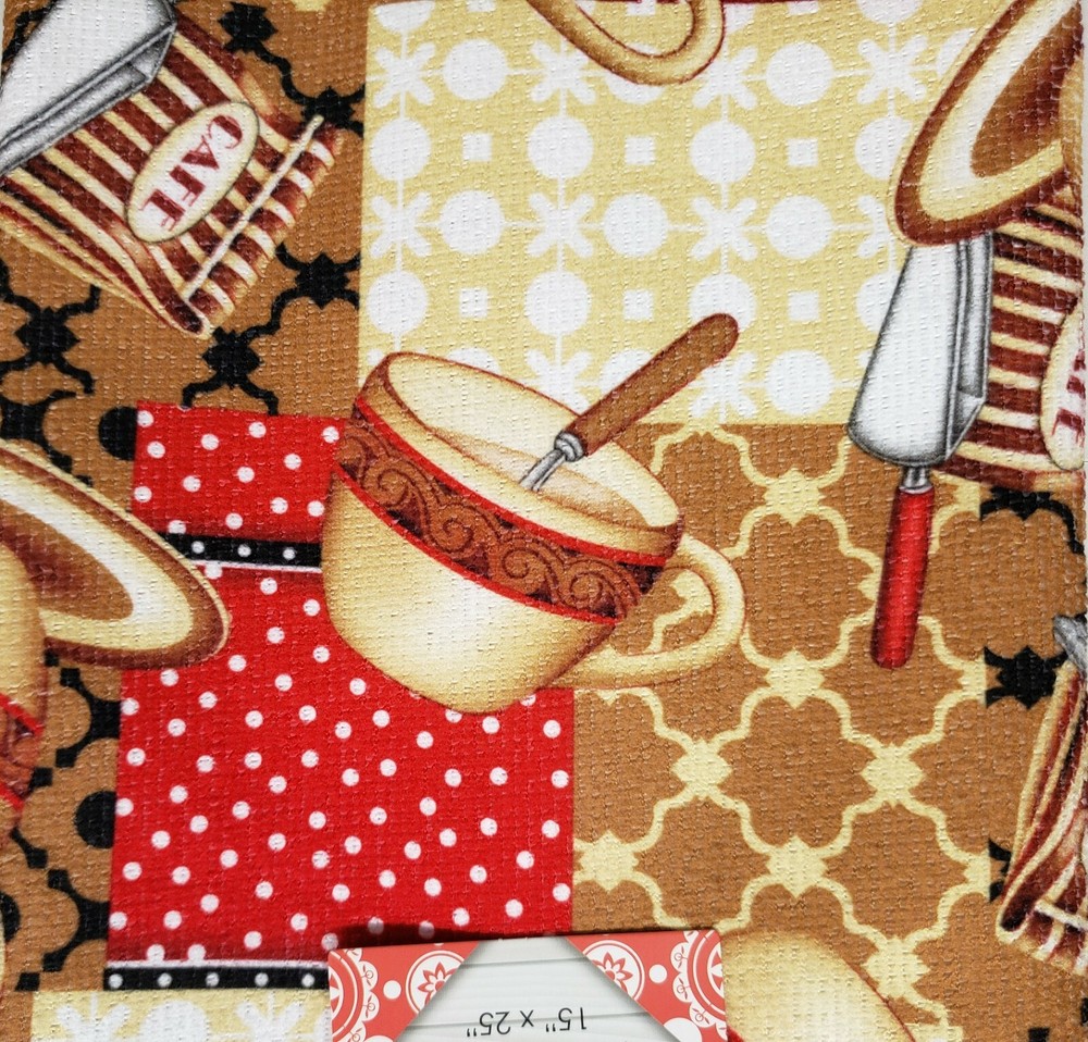 SET OF 2 SAME PRINTED MICROFIBER TOWELS (15 x 25") COFFEE CUPS STACK & SPOONS,SH