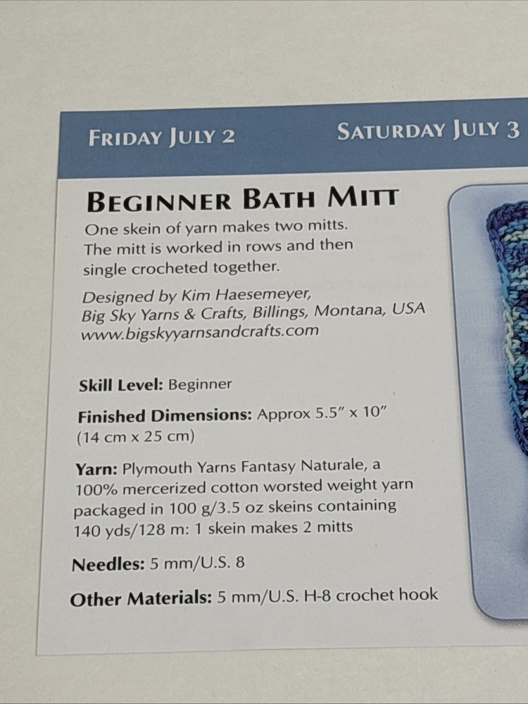 Beginner Bath Mitt Knitting Pattern Card Page