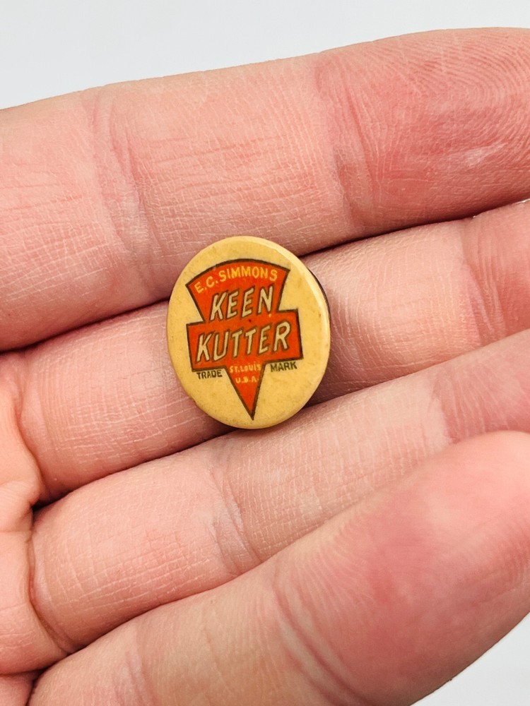 MEGA RARE E.C. Simmons Keen Kutter Steiner RIVET BACK celluloid button