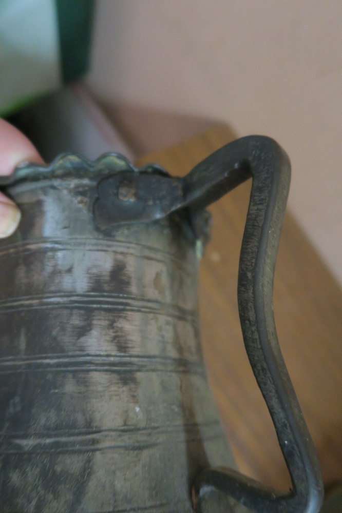 Old Turkish Copper Tankard Pot Handmade Primitive Décor Wrought Iron Handle 6"