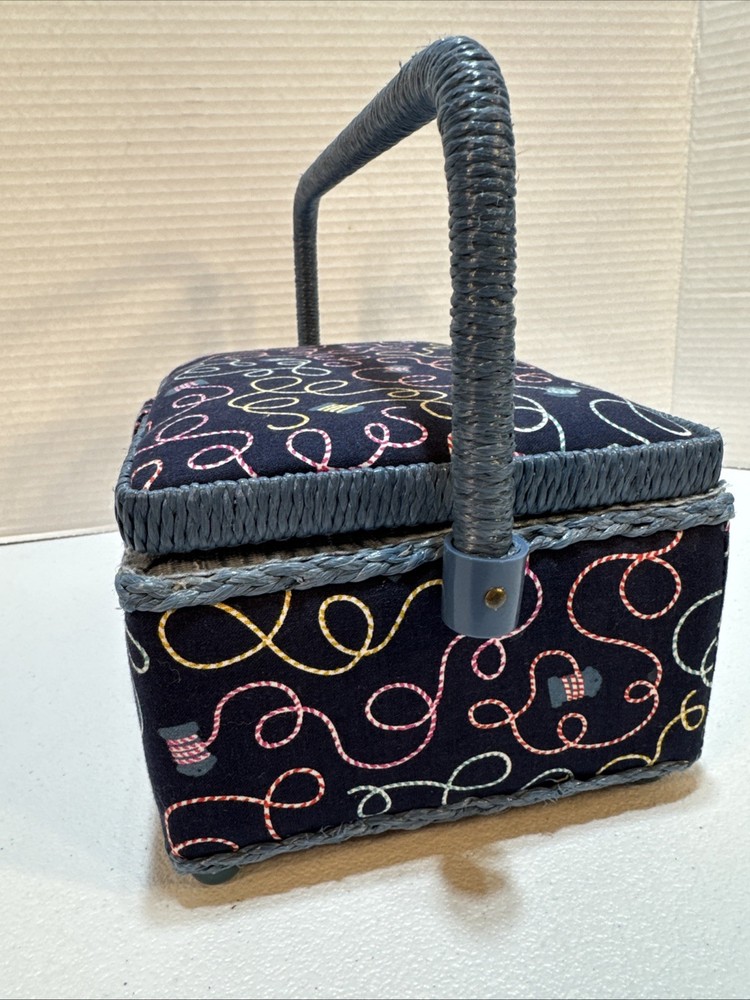 Sewing Basket Box Blue Fabric Plastic Woven Handle