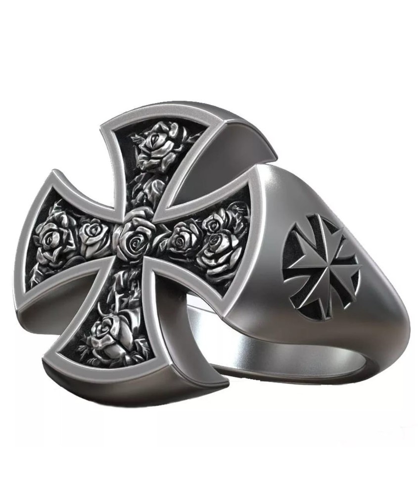 Solid 925 Sterling Silver Maltese Cross Rose Ring Men’s Gothic Biker Statement J