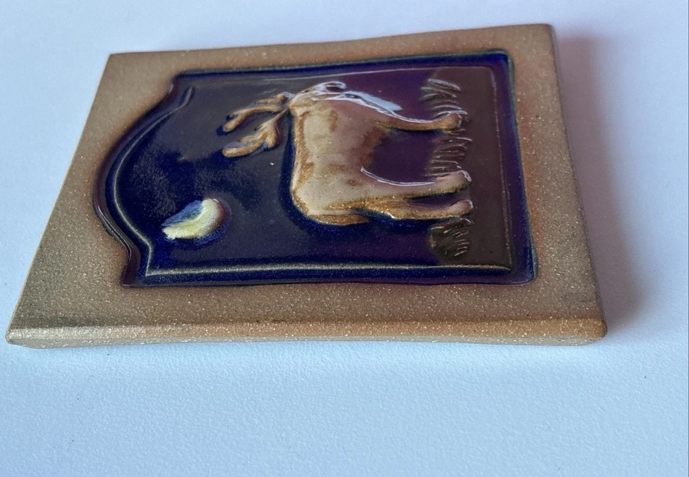 ~Moose Crescent Moon ~ Tile Handmade Stoneware 4”x3.75 “