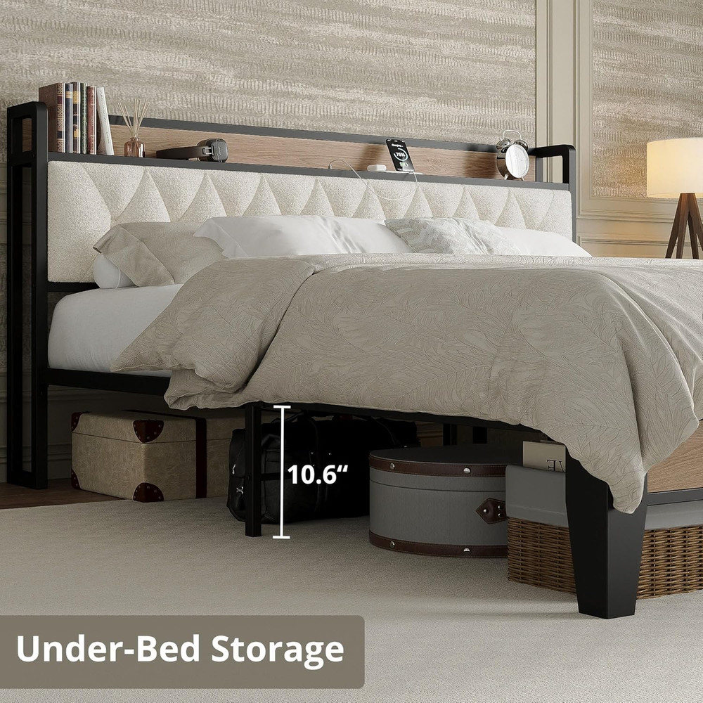 King Bed Frame, Storage Headboard with Charging Station, Platform Bed Frame with