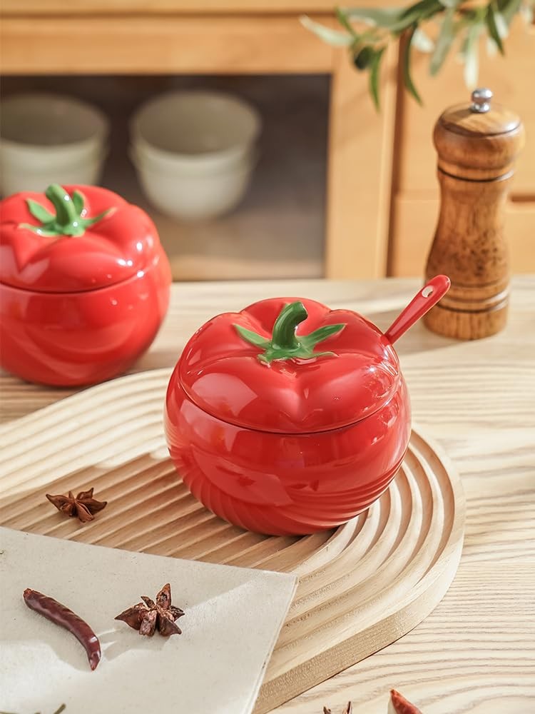 Sugar Bowl Tomato Ceramic Spice Jar Storage Jar with Spoon