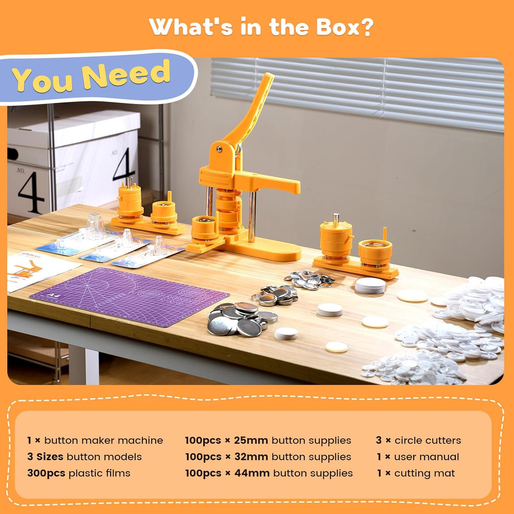DIY Button Maker Kit - 25+32+44mm with 300 Plastic Backs for Custom Pins