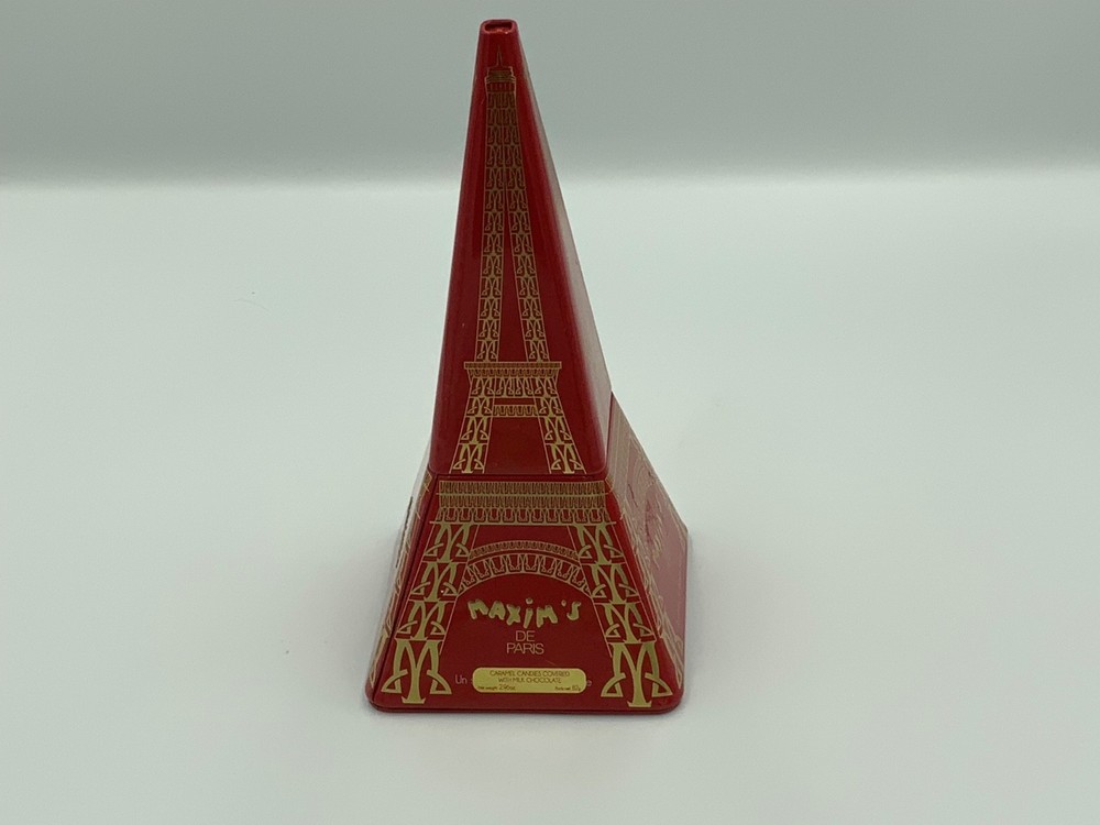 MAXIM’S DE PARIS Eiffel Tower Metal Tin Storage Red Container used EMPTY
