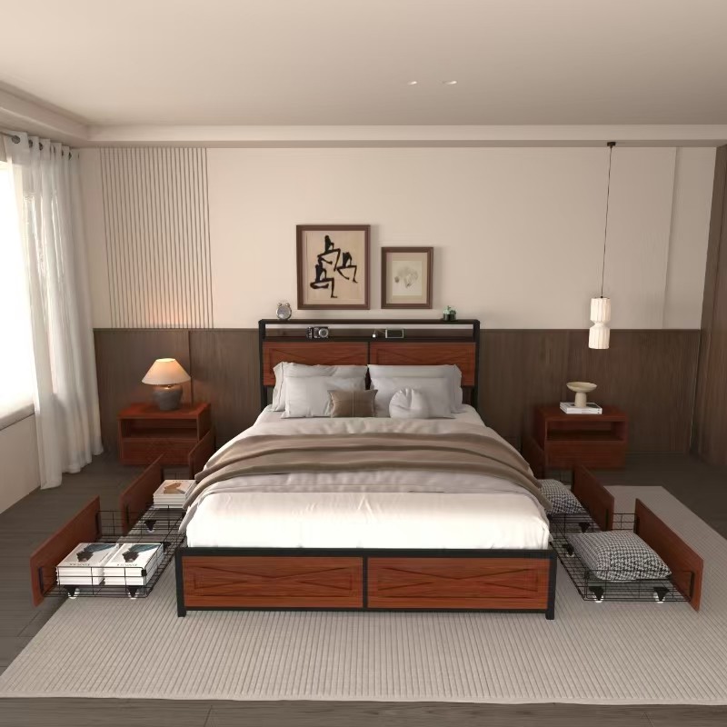 Full Bed Frame with 6 Storage Drawers,Storage Headboard with Charging Statio Bed