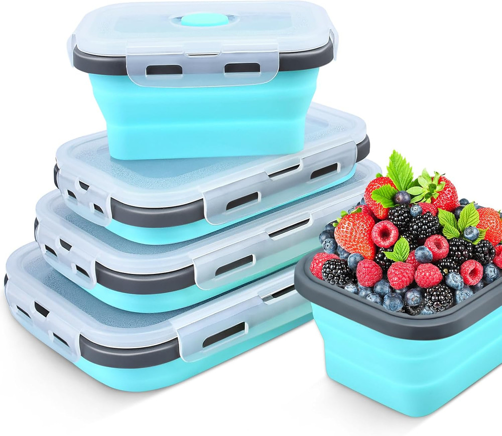 Collapsible Food Storage Containers with Lid & Air Vent, 4 Pack Rectangular Fold