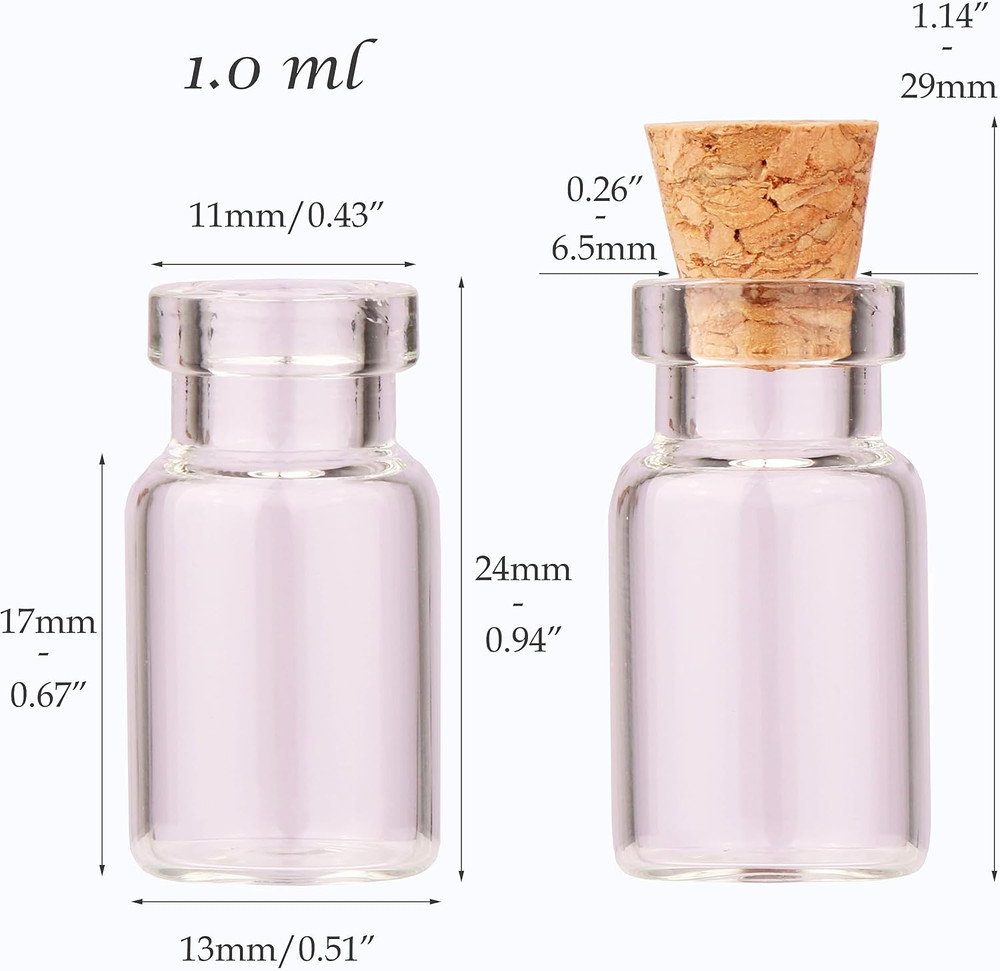 100pcs 1ml Small Mini Glass Bottles Jars with Cork Stoppers Tiny Clear