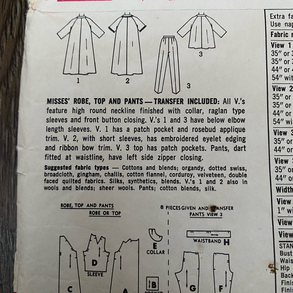 60s Robe Top Pants Size 12 Bust 32 Simplicity 5205