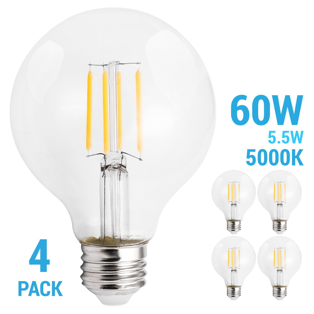4 Pack LED Filament Globe 5.5W =60W 120V G25 Medium E26 Clear 5000K Bright White