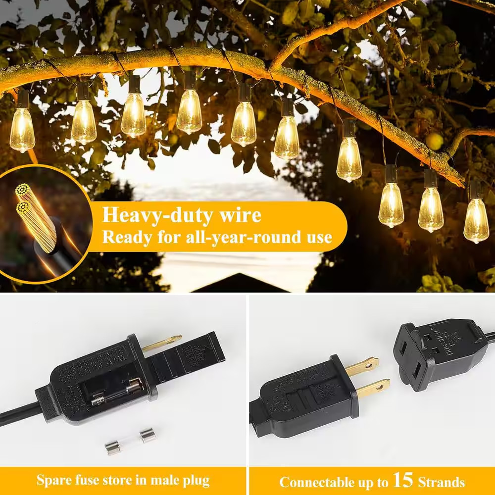 LED Outdoor String Lights 100FT Vintage Edison Bulbs Shatterproof Plug In