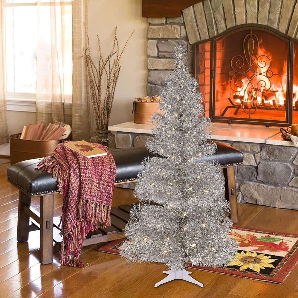 4FT Pre-lit Silver Tinsel Christmas Tree with 70 LED Lights & Timer Functions