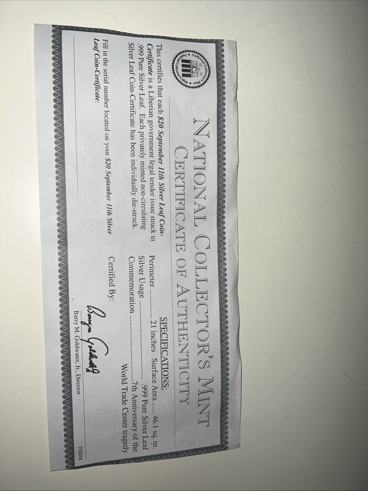$20 September 11th Silver Leaf Coin-Certificate With COA