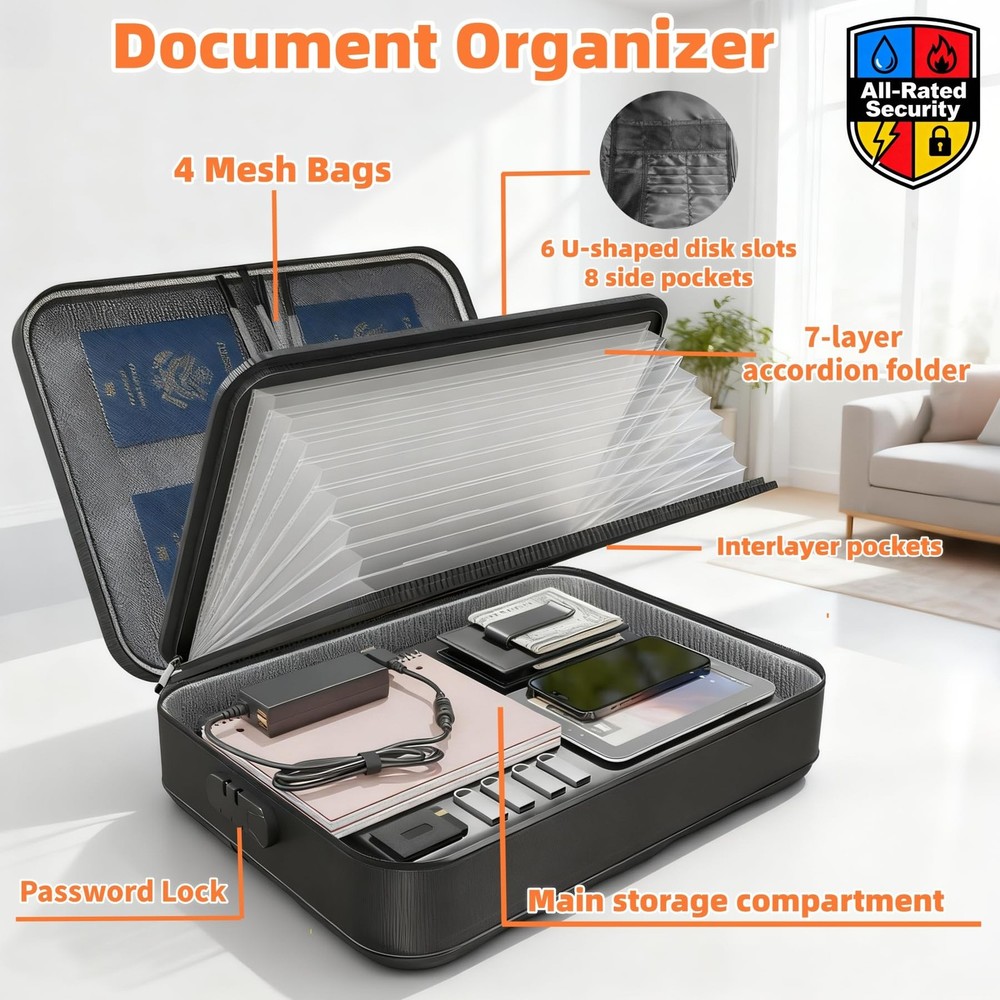 Fireproof Document Box (Soft-Shell) with Lock & 15x4.1x11 inches, black