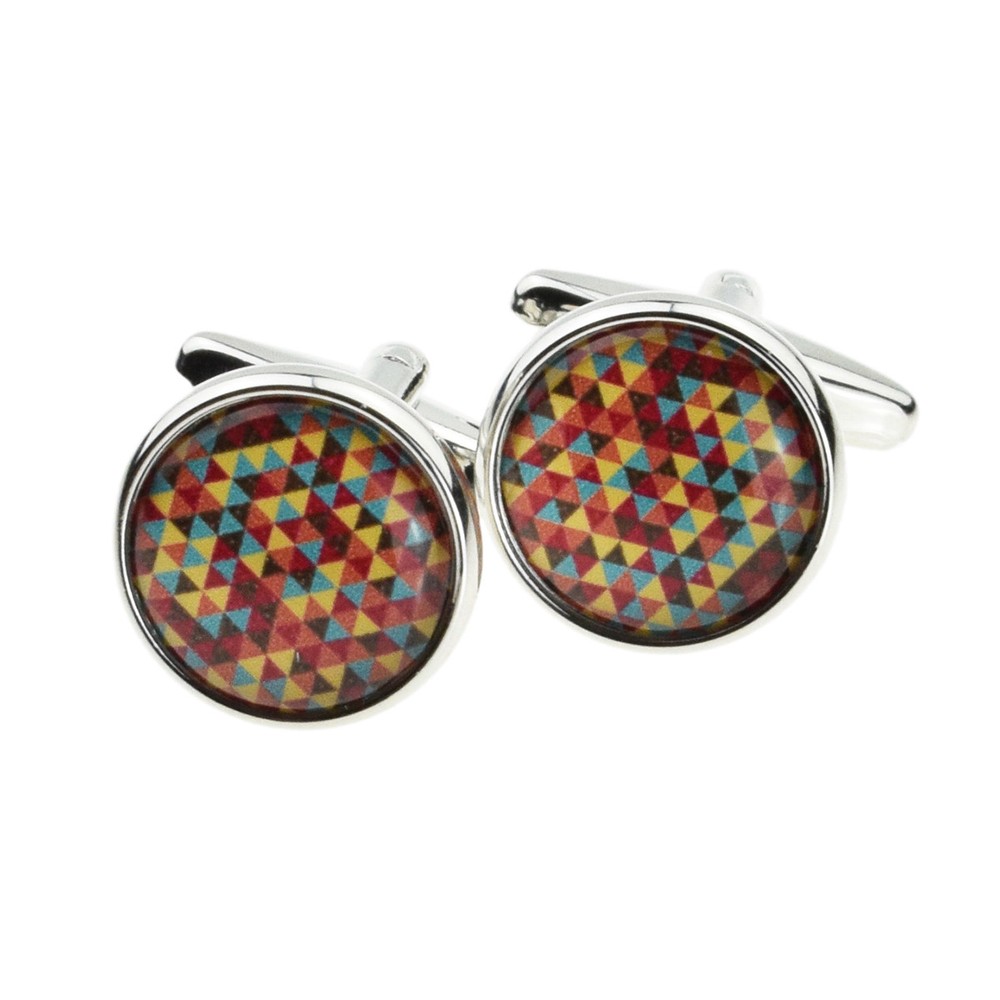 Multicoloured Triangles Design Round Cufflinks Presented in a Box - X2BOC290